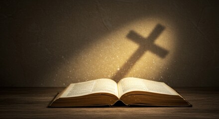 A glowing book with a shadowed cross evokes the essence of the Annunciation, symbolizing faith and spirituality in a serene setting