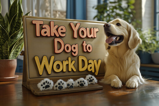 Celebrate Take Your Dog to Work Day with a friendly Golden Retriever enjoying a cozy office environment and reminding everyone of the joy pets bring to the workspace