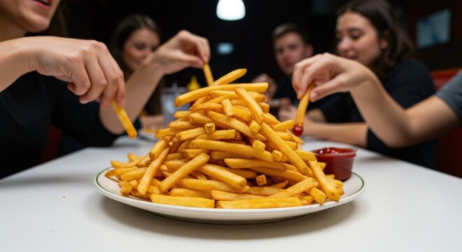A group of friends sharing a large plate of french fries with ketchup on a white table in a restaurant