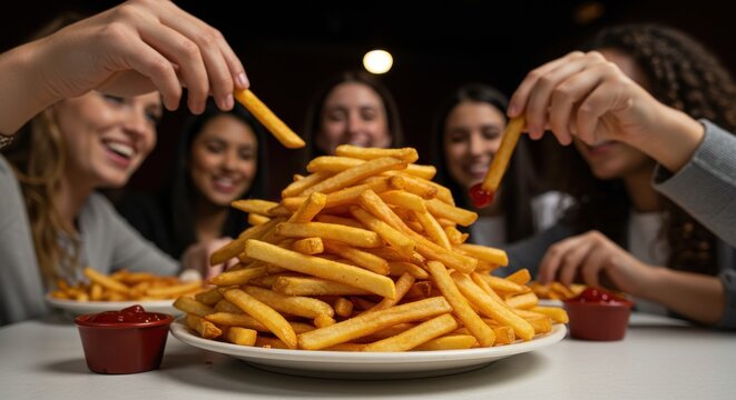 Group of friends enjoying a large plate of french fries with ketchup at a restaurant together