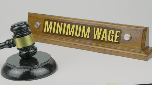 "Minimum wage" text on a nameplate beside a gavel, symbolizing the lowest legally mandated amount of compensation that employers must pay their employees for work