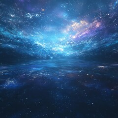 Bright light rays and floating particles in deep blue space, futuristic abstract style.