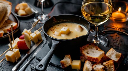 Classic fondue cheese dip a cast iron pot bubbling with Swiss and Gruyre cheese served with skewered bread cubes and apples