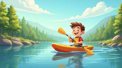 Smiling Boy Kayaking on a Lake &ndash; Sunny Nature Adventure Vector Illustration