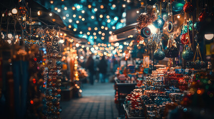A vibrant Christmas market at night showcases colorful ornaments and festive decorations attracting many shoppers enjoying the holiday atmosphere with twinkling lights creating a