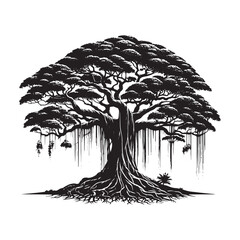 Banyan Tree Vector Silhouette, Majestic Tropical Tree Outline, Nature-Inspired Clipart for Wall Art, Logos, Stickers, Apparel, Digital Prints, Crafts, Posters, and Home Decor.