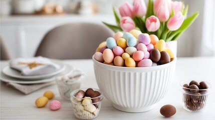 Colorful Easter eggs and candy fill a white bowl, celebrating the festive spirit of Easter.