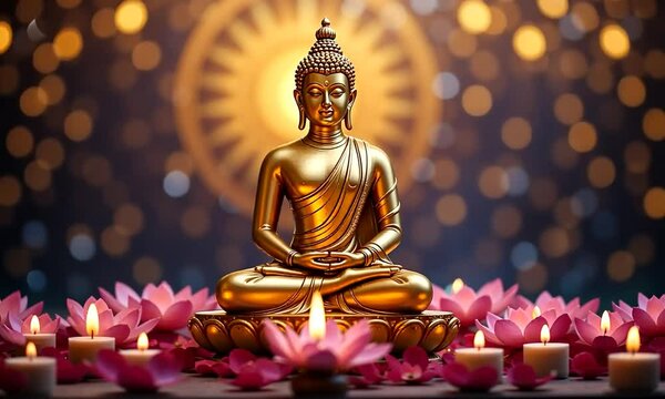 golden buddha statue, surrounded by lotus flowers and burning candles, bokeh lights background. 4k videos