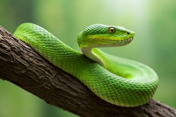 Fototapeta premium Emerald Green Pit Viper Coiled On A Tree Branch In A Tropical Forest Setting Close Up Wildlife Photography, green pit viper, snake, reptile, trimeresurus, venomous, viperidae, animal, wildlife, nature