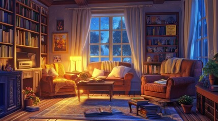 A cozy interior of a room with books and warm lighting