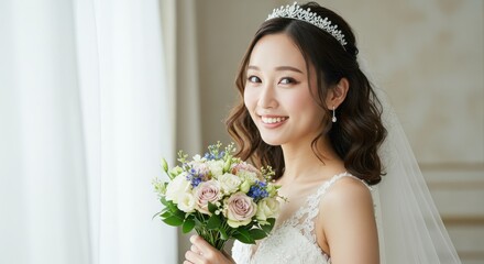 Naklejka premium Portrait of a smiling bride holding a bouquet wearing a tiara and veil near a window with curtains