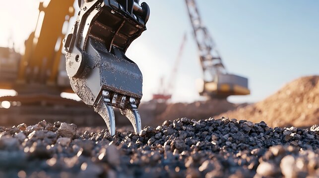 Excavator bucket gripping gravel at a construction site under a clear blue sky with cranes in the background
