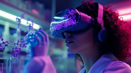 A researcher wearing a futuristic virtual reality headset in a laboratory, engaging with digital elements in neon colors while conducting experiments