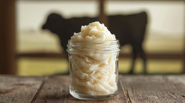 Creamy white beef tallow in glass jar on rustic surface with cow silhouette backdrop