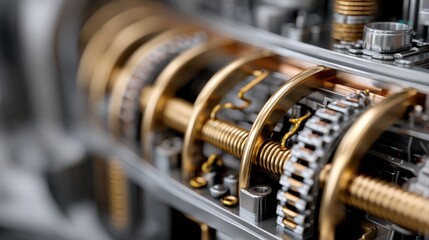 Fototapeta premium Close-up of intricate metallic machinery with gold and silver components