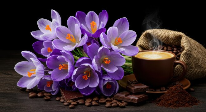 Still life with purple crocus flowers coffee cup chocolate and coffee beans on a dark surface