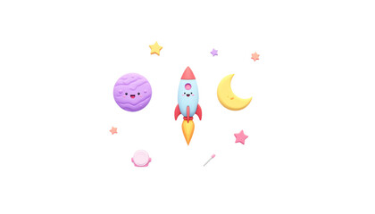 Obraz premium Rocket and planets, white isolate background