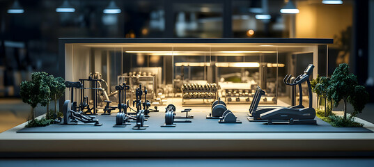 A detailed scale model of a modern gym with treadmills, weights, and a central workout area, placed on an office table under bright lighting.