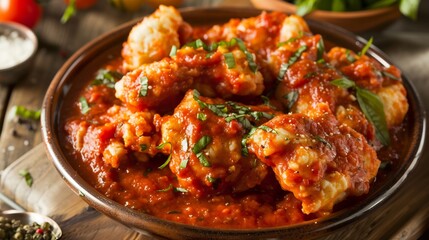 Classic marinara dipping sauce a rustic bowl rich tomato flavor with basil garnish served with mozzarella sticks