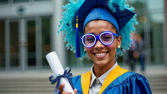 Hispanic female graduate smiling proudly in vibrant blue cap and gown, holding diploma wrapped in glitter ribbon in front of MIT&rsquo;s modern campus, celebration of achievement