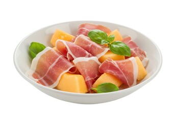 Melon prosciutto salad appetizer recipe food photography isolated on white background
