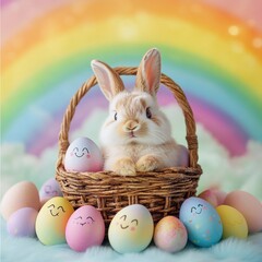 Cute bunny inside a basket, surrounded by painted eggs with smiling faces, pastel rainbow background.
