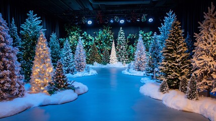Christmas themed product launch a corporate showroom beautifully decorated trees surrounding the stage
