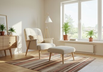 Fototapeta premium Modern minimalist living room with cream armchair, striped rug, light wood furniture, and plants in bright Scandinavian-style space