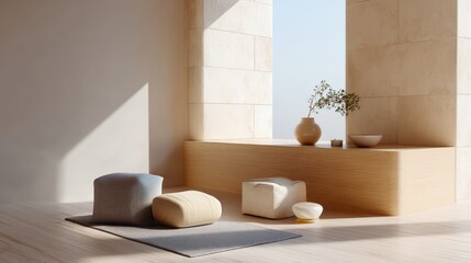 Minimalist sunlit living space with modern decor and soft furnishings