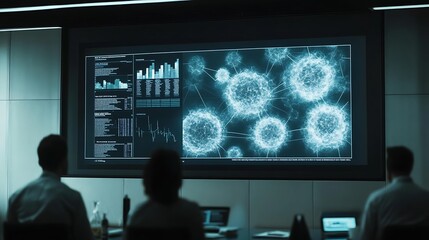 A futuristic business meeting room featuring professionals engaged in data analysis, illuminated by a large screen displaying abstract data visualizations amid a high-tech ambiance