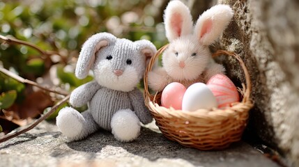 Plush bunnies and easter eggs in basket outdoors on a sunny day