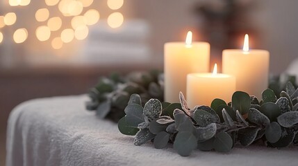 Christmas themed spa retreat soft candlelight festive eucalyptus wreath cozy warm lighting luxurious holiday relaxation scene