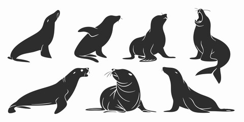 Fototapeta premium Black and White Seal Silhouettes Vector Graphic Set - Marine Mammals Sea Lions Collection in Different Poses Wildlife Animals Vector Illustration Art Design Elements
