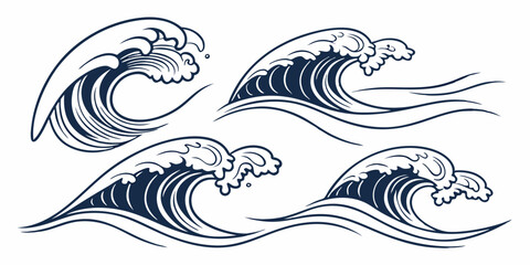 Stylized Ocean Sea Waves Vector Set - Blue and White Wave Illustrations Graphic Art Design