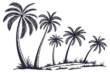 Fototapeta premium Black and White Palm Tree Sketch Tropical Beach Scene Multiple Palm Trees Line Art Nature Scenery Graphic Design