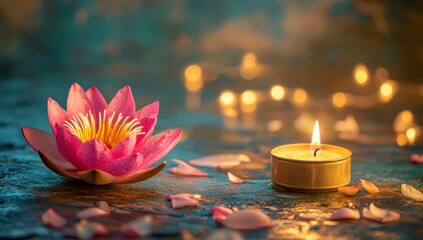 Lotus Flower and Candle with Petals for Relaxation and Meditation
