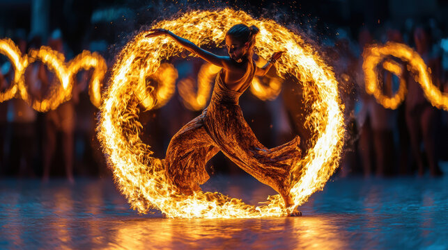 A graceful female fire dancer performs a mesmerizing routine with a flaming encircled by other dancers in a vibrant nighttime spectacle.