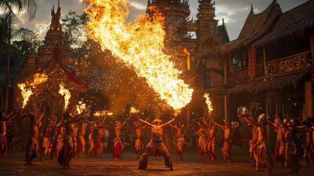 A powerful fire dancer performs a mesmerizing spectacle amidst a vibrant crowd at a breathtaking nighttime cultural ceremony surrounded by ancient architecture.