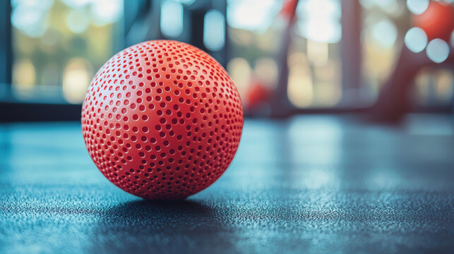 A close-up shot reveals a textured red medicine ball resting on a dark blue gym floor with a blurred fitness center background showcasing various exercise equipment.