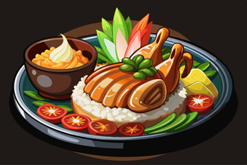 vector of Delicious Peking duck with rice and fresh vegetables in a black bowl, Asian food Peking duck, rice and vegetables in a black ceramic plate, isolated