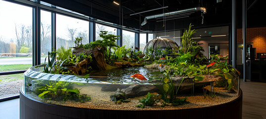 A detailed zoo model with a large aquarium and rainforest dome, displayed in an urban planner office.