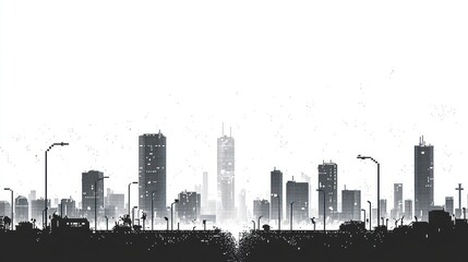 Fototapeta premium Monochrome city skyline, snowy day, traffic, urban design, website banner