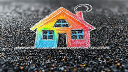 Chalk drawing of a colorful house with square windows and a triangle roof on asphalt