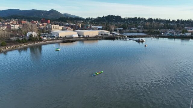 Drone following rowing team Bellingham bay looking at Fairhaven