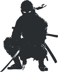 A dynamic silhouette of a ninja crouching with a sword ready for action.