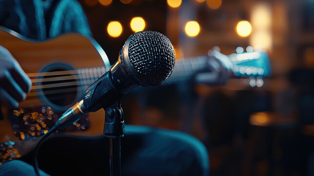 A close-up shot reveals a microphone positioned prominently in front of a musician gently playing an acoustic guitar du a dimly lit performance.