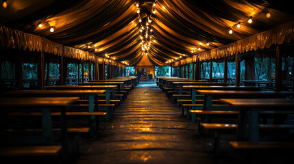 A long, dimly lit outdoor dining pavilion with wooden tables and benches is decorated with golden fabric draped ceiling and warm st lights at night.