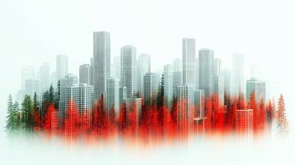 Fototapeta premium City blocks form a surreal landscape blending high-rises with faded conifer forests
