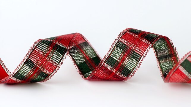 Classic Christmas plaid ribbon curling a white background vibrant red and green patterns contrasting beautifully