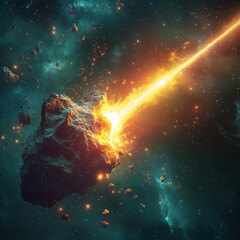Space abstract background, burning comet, flash, laser through the stone, bright colors